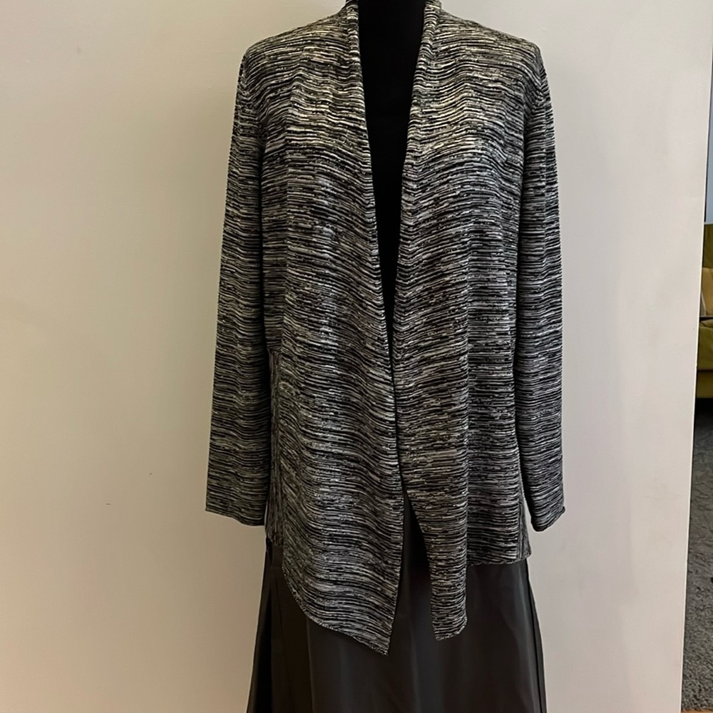 Eileen Fisher drape front Cardigan, size L, black white knit​​